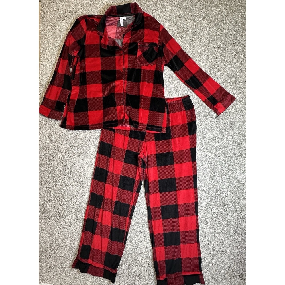 Joyspun Women's Pajama Set XL 16-18 Red Black Buffalo Plaid Holiday PJs